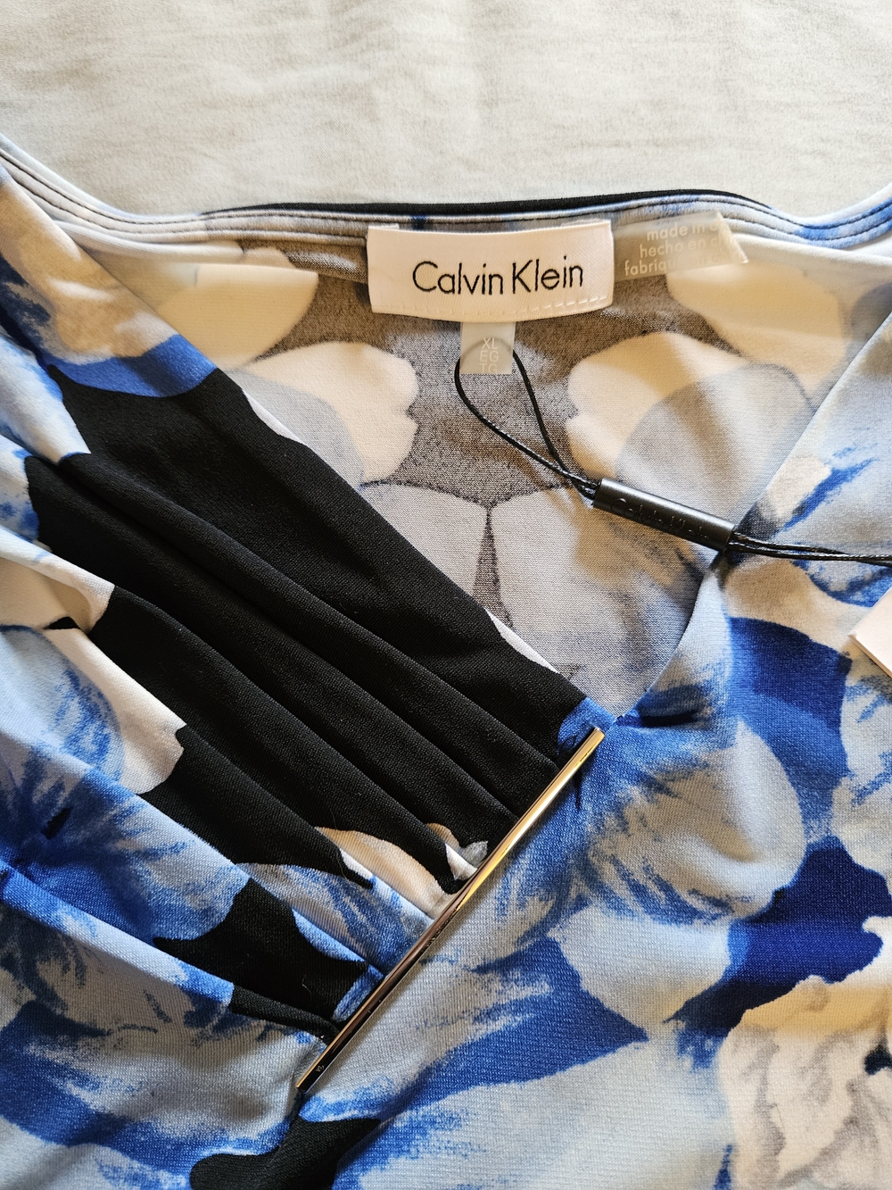 Calvin Klein Black Tank Top with Blue and Cream Floral Print - Picture 2 of 3